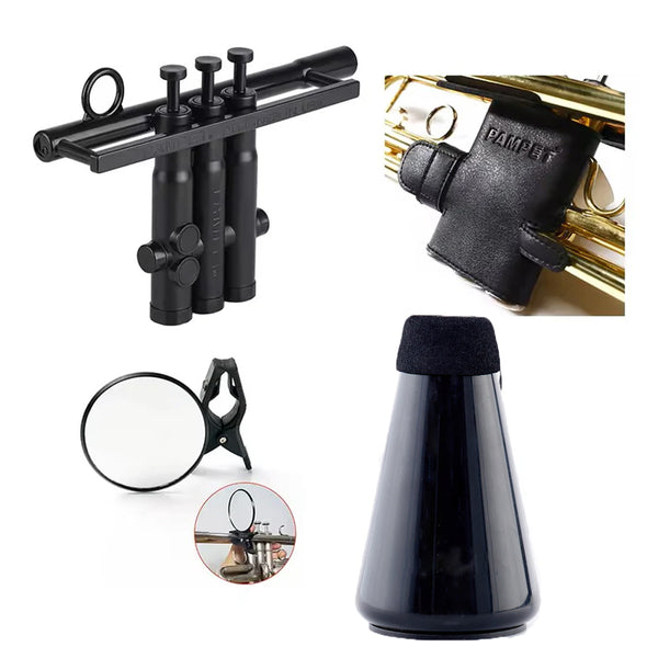 4 Pcs in a Set: TruTra Trumpet Valves+MirTra Embouchure Mirror+Practice Mute(Random Color in Black, Green or Black)+PU Glove Protection