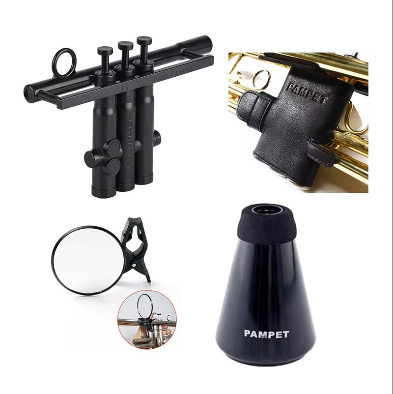 4 Pcs in a Set: TruTra Trumpet Valves+MirTra Embouchure Mirror+Practice Mute(Random Color in Black, Green or Black)+PU Glove Protection